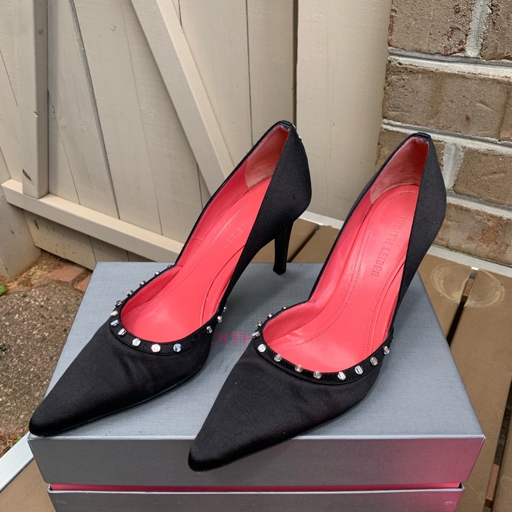 Judith Leiber Black Satin Heels with Studded Detail